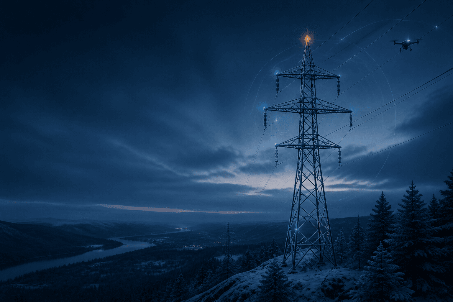 Transmission infrastructure crossing a Nordic landscape at blue hour